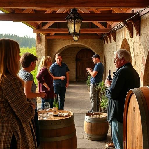 Image depicting a guided tour of a historic vineyard in the Cotswolds, showcasing the wine-making process.
