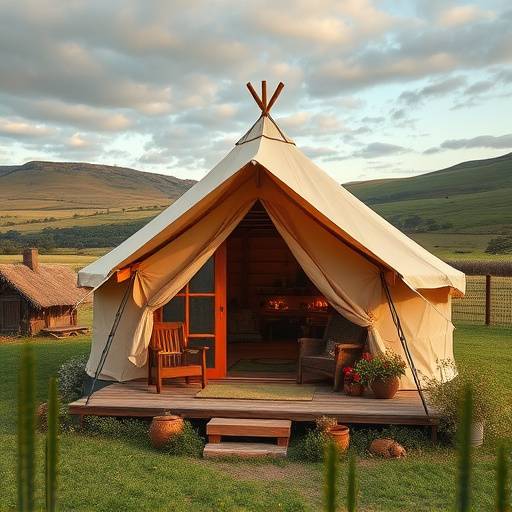 Image showcasing the exterior of the charming and rustic Shepherd's Hideaway, a unique glamping experience with stunning countryside views.