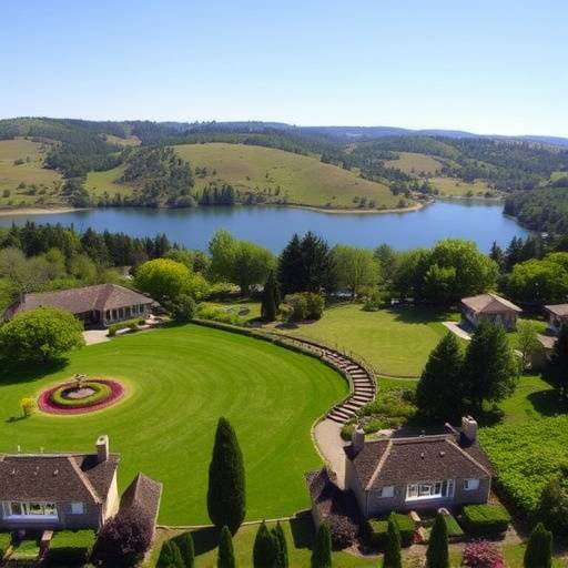 Panoramic view of the grounds surrounding Oakhaven Estate, featuring lush gardens, a sparkling lake, and rolling hills.