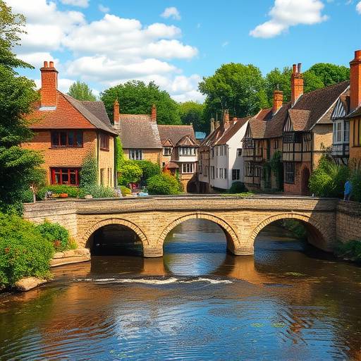 Photograph of the charming village of Bourton-on-the-Water, Cotswolds, with stone bridges crossing the River Windrush.