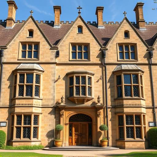 Photograph of the grand facade of Blackwood Manor, a historic Cotswolds manor house, taken on a sunny day.
